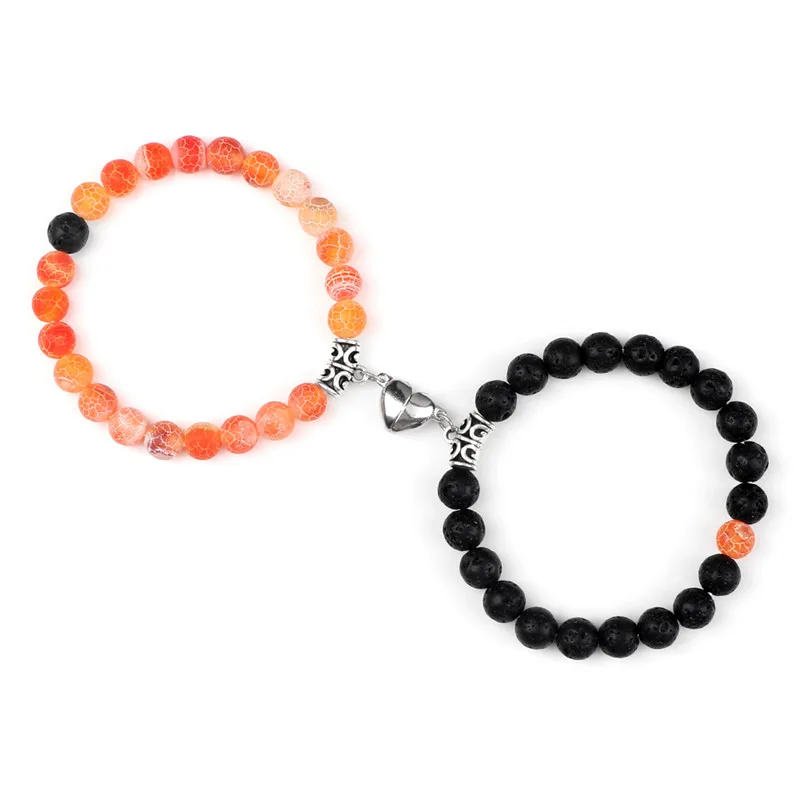 Bracelets couple perles aimantés noir et orange