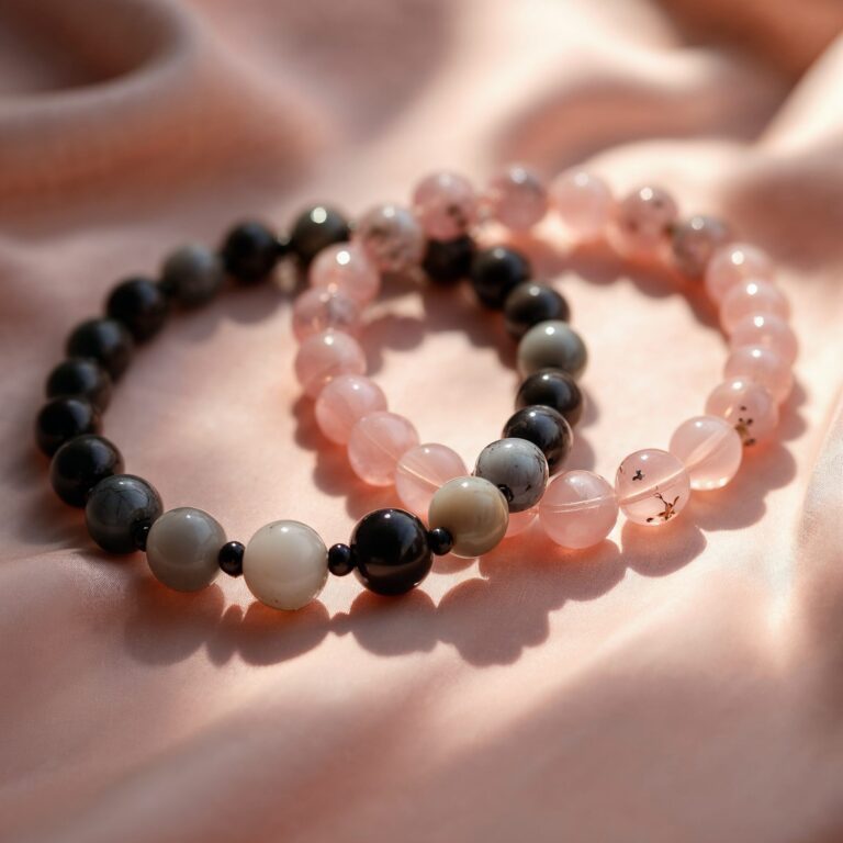 Deux bracelets en pierres naturelles, l'un aux teintes roses douces, l'autre aux nuances de gris et noir, reposent sur un tissu satiné.