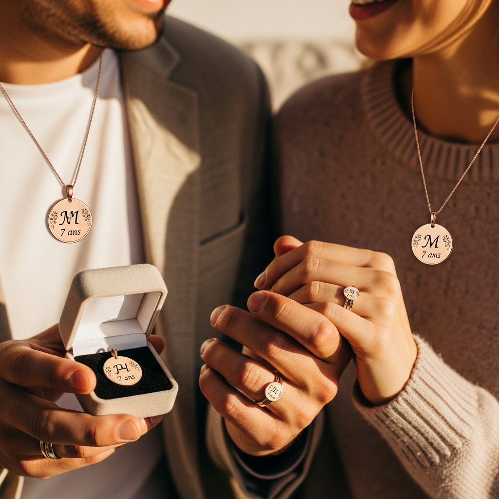 Cap des 7 ans couple: célébrez ce cap avec des bijoux qui racontent votre histoire. Pendentifs jumelés, gravures personnalisées et bagues assorties symbolisent l’engagement et la complicité durable. Découvrez nos idées pour marquer ce chapitre amoureux.